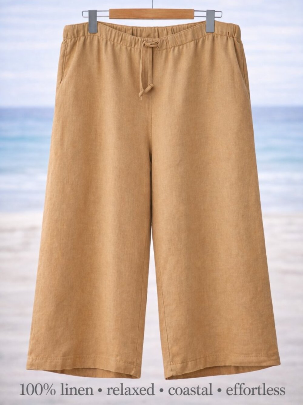 Linens For Life Tan Linen Wide Leg Cropped Pants High Rise Drawstring L Coastal